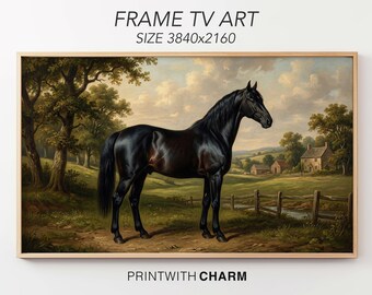 Vintage schwarzes Pferd Ölgemälde Samsung Rahmen TV Kunst Pferdesport Landschaft Kulturerbe Dekor 4K