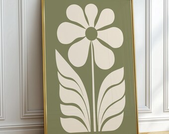 Sage Green Flower Art Print, Retro 70s Minimalist Groovy Botanical Digital Download