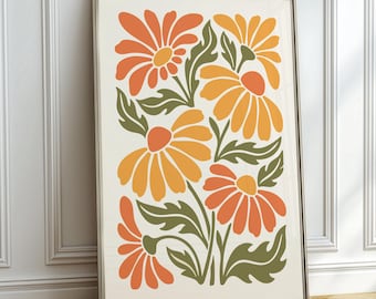 Sage Green and Orange Retro 70s Floral Print, Mid Century Modern Botanical Wall Art