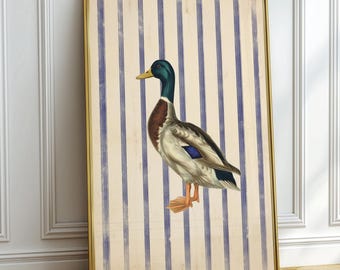 Stockente Duck Print Blau Gestreift Küsten Cottagecore Natur Wand Kunst Dekor Poster