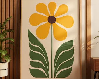 Sunflower Art Print, Botanical Wall Decor, Boho Abstract Flower Poster, Retro Minimal Floral Illustration