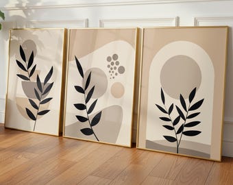 Set of 3 Neutral Mid Century Modern Art Prints Beige Abstract Botanical Digital Download