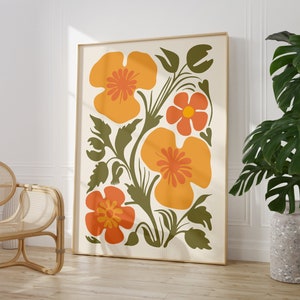 Impresión de flores botánicas abstractas Arte de pared de los años 70, Póster de flores boho Impresión de arte popular mexicano Impresión floral Descarga digital,