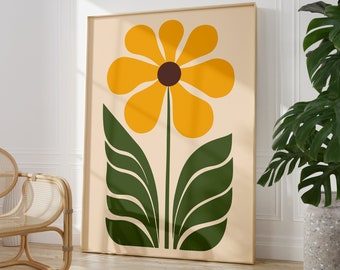 Sunflower Art Print, Neutral Boho Abstract Home Decor, Retro  Botanical Gallery Wall Art Print, 70s wall art