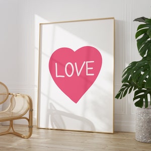Stampa a forma di cuore - Arte murale digitale rosa e bianca / Poster Y2K con tipografia carina per un arredamento alla moda per grandi stanze