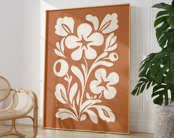 Terracotta Flower Print, Warm Rust Abstract Botanical Wall Art, Boho Earthy Living Room Printable
