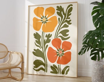Fleurs des années 70 | décor de pavot vintage | Impression florale vive (téléchargement numérique)