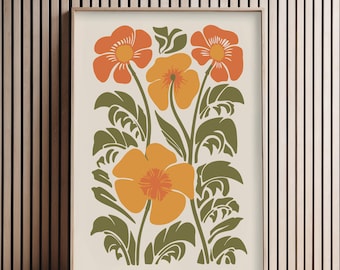 Impression de fleurs abstraites des années 70, art botanique, fleur rétro, affiche imprimable moderne en téléchargement numérique
