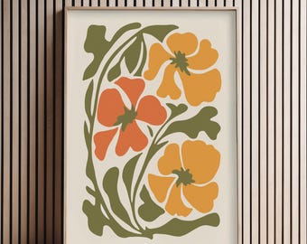 Groovy Orange Retro 70s Floral Wall Art Print Flower Power Boho Home Decor