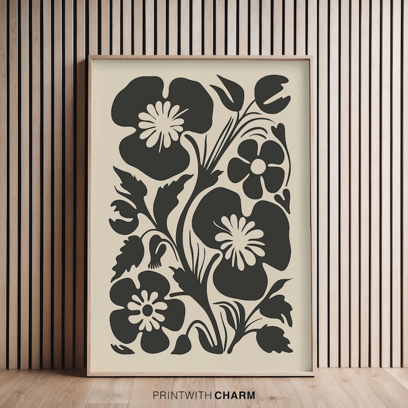 Fleurs abstraites des années 70, impression bohème, affiche florale monochrome, décoration rustique moderne (téléchargement numérique) image 1