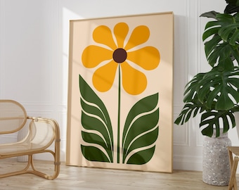 Sunflower Print, Retro Yellow Sunflowers Painting, Boho Minimal Flower Wall Art, Botanical Poster, 70s Kitchen Printable Decor