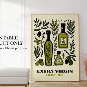 May include: A printable illustration of olive oil bottles with green leaves and olives. The text "EXTRA VIRGIN OLIVE OIL" is at the bottom of the image.