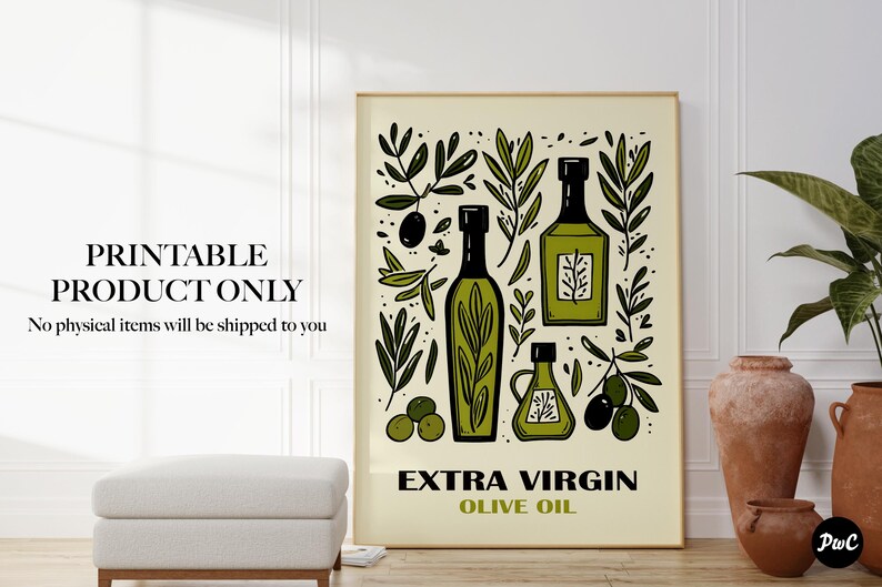 May include: A printable illustration of olive oil bottles with green leaves and olives. The text "EXTRA VIRGIN OLIVE OIL" is at the bottom of the image.