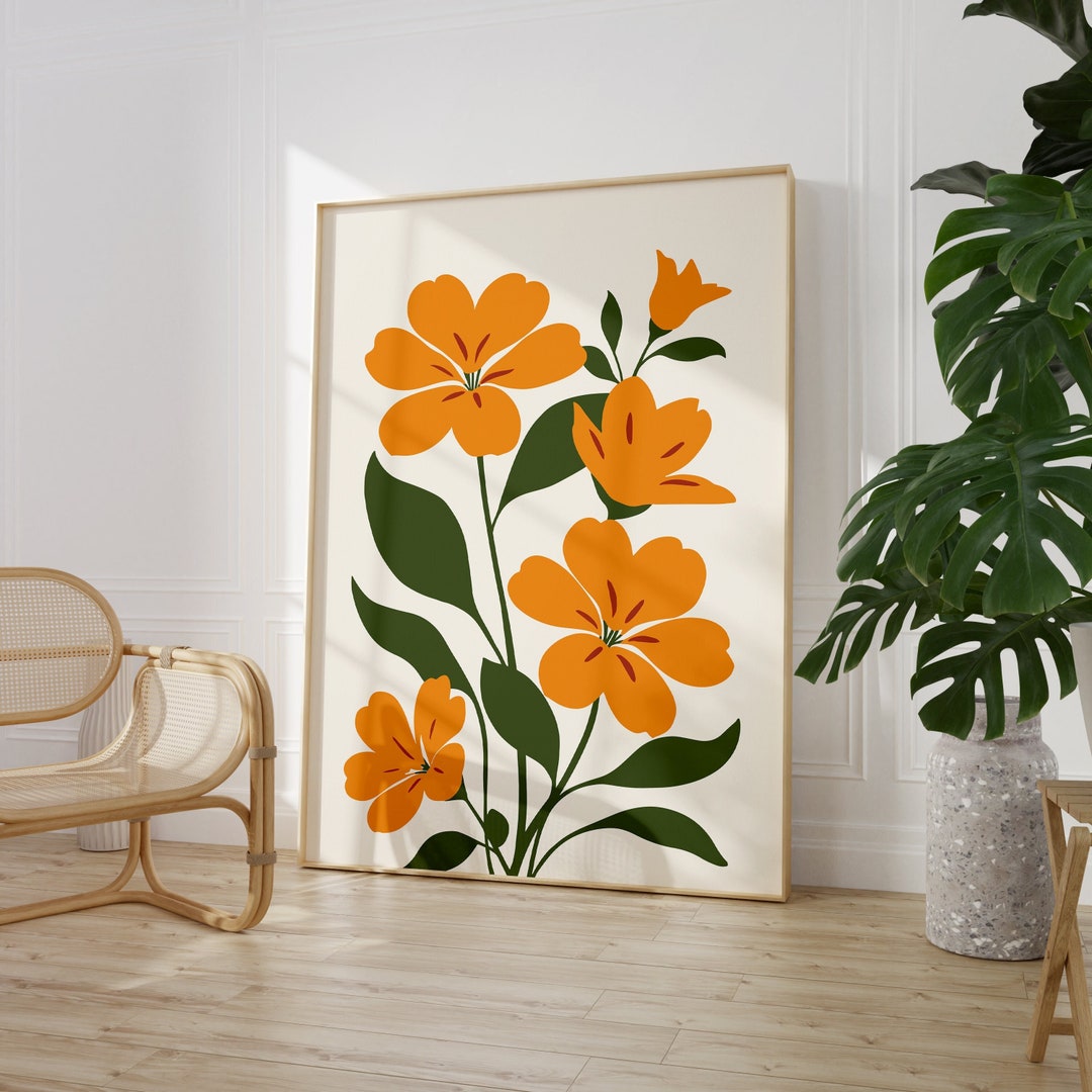 Yellow Orange Abstract Flower Poster, Botanical Flowers Print 70s Wall ...