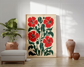 Red Flower Print, Red and Beige Floral Wall Art, Modern Floral Poster, Hallway Printable