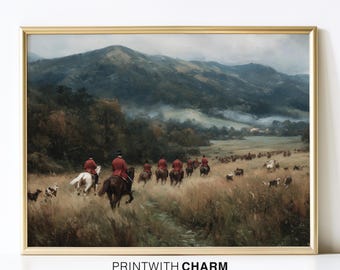 Vintage Fox Hunt Art, Equestrian Print, English Countryside Painting, Traditional Manor Decor