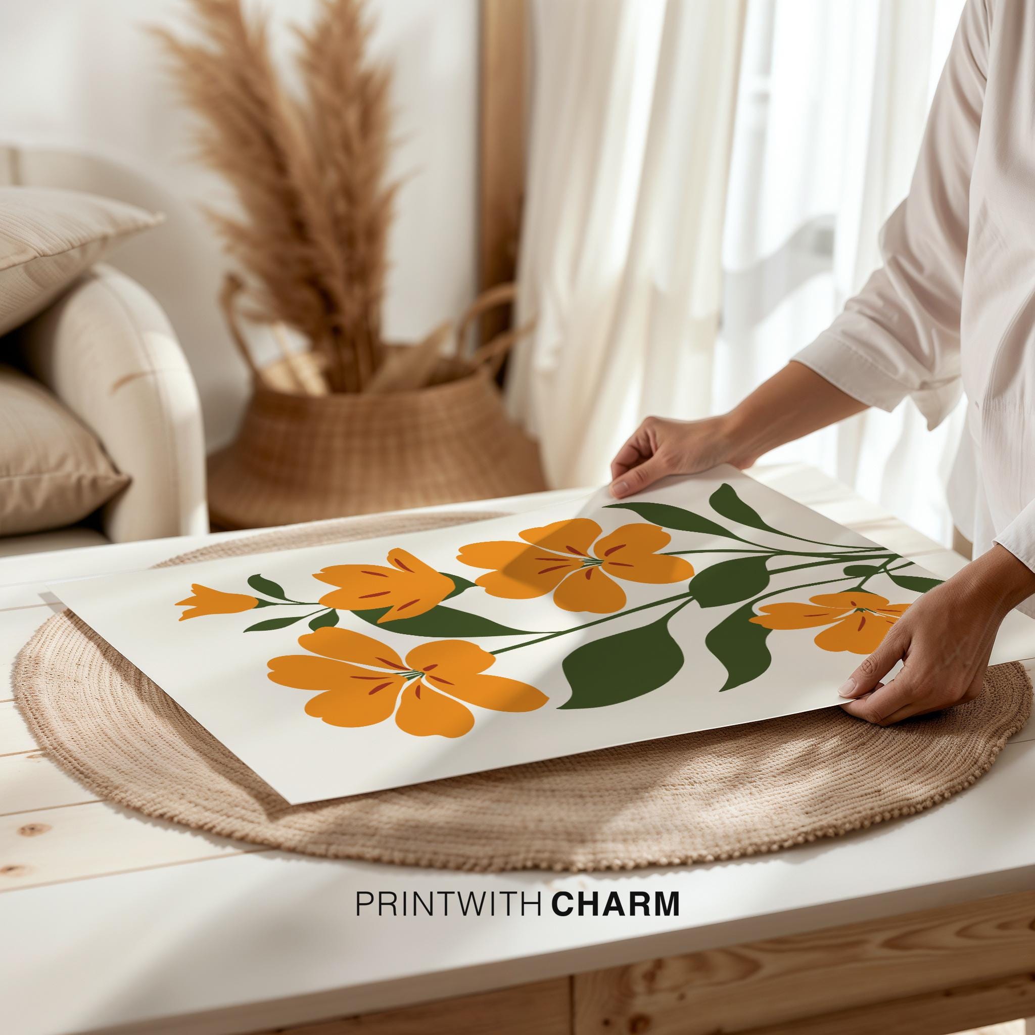 70s Floral Retro Orange Botanical Print Minimalist Abstract Wall