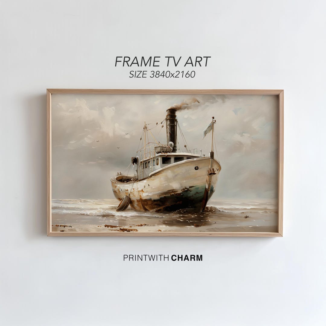 Vintage Beached Fishing Boat Frame TV Art, Rustic Trawler Oil Painting ...