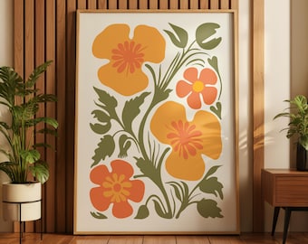70s Flower Print, Retro Abstract Botanical Wall Art, Mexican Folk Floral Poster, Boho Printable Decor