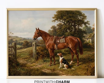 Vintage Horse and Dog Oil Painting Equestrian Landscape Digital Download Heritage Home Decor Art
