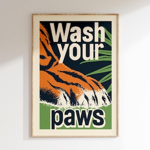 Was je handen badkamer print, was je poten tijgerkat print, toilet kinderkamer kat digitale muurkunst, digitale download