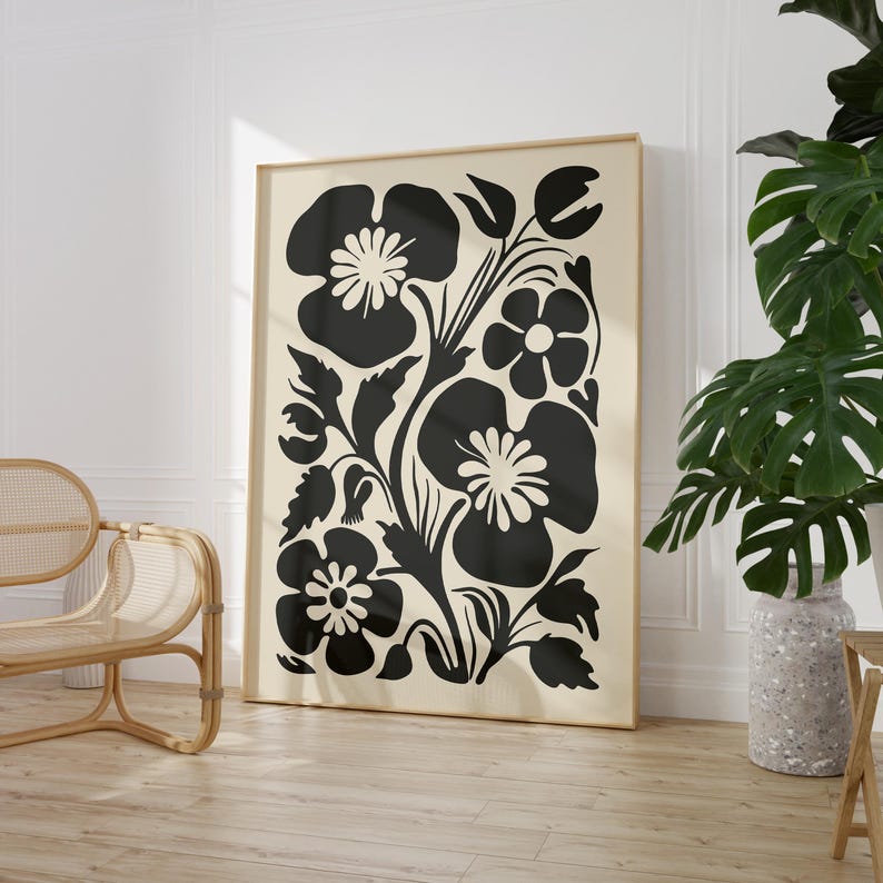 Fleurs abstraites des années 70, impression bohème, affiche florale monochrome, décoration rustique moderne (téléchargement numérique) image 3