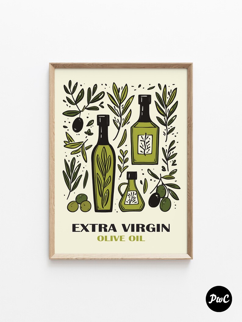 May include: A framed illustration of olive oil bottles with green leaves and olives. The text "EXTRA VIRGIN OLIVE OIL" is printed below the bottles.