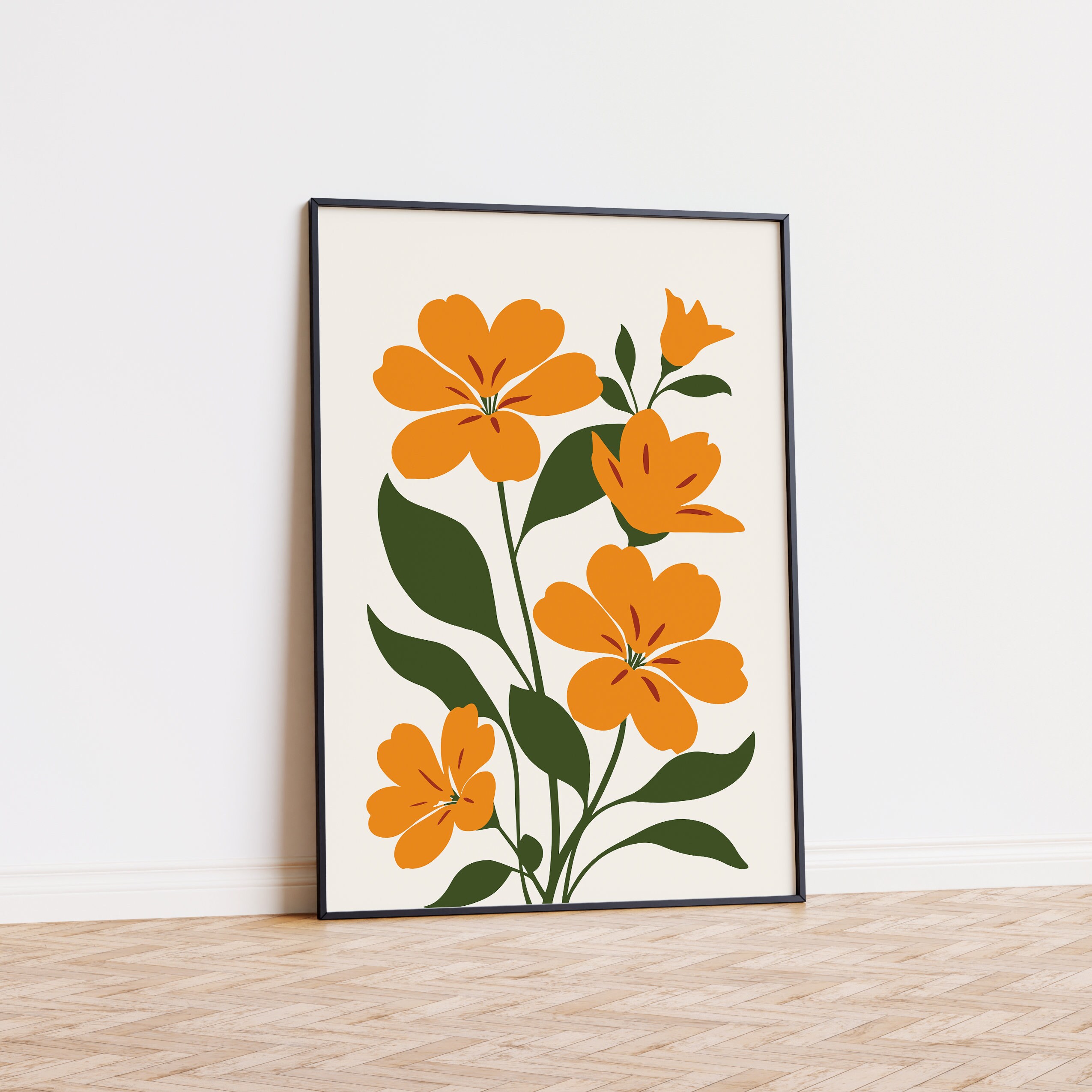Yellow Orange Abstract Flower Poster, Botanical Flowers Print 70s Wall ...