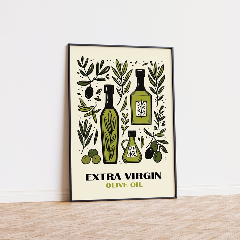 May include: A framed illustration of olive oil bottles and olive branches with the text "EXTRA VIRGIN OLIVE OIL".