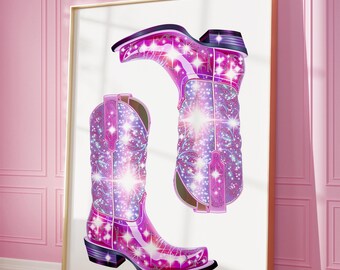 May include: A framed art print featuring two vibrant pink cowboy boots decorated with a sparkling, glittery star pattern. The boots are rendered in a bright magenta and purple colour palette with prominent white starburst highlights throughout.