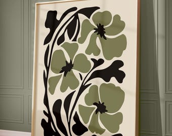 Abstract Botanical Sage Green Flowers Print 70s Wall Art
