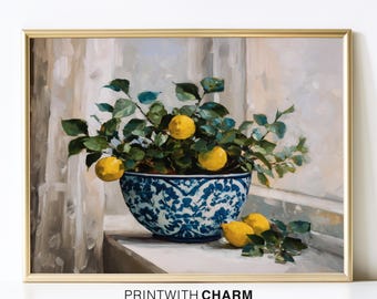 Citroenolieverfschilderij, mediterrane kunst, citrusstillevenprint, blauw-witte porseleinen kom