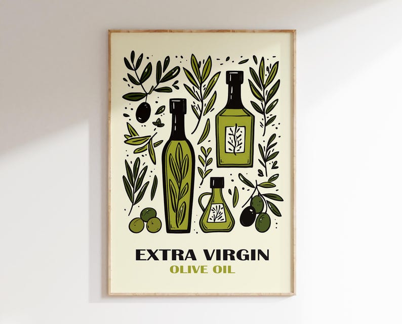 May include: A framed illustration of olive oil bottles and branches of olive trees. The text "EXTRA VIRGIN OLIVE OIL" is printed below the image.
