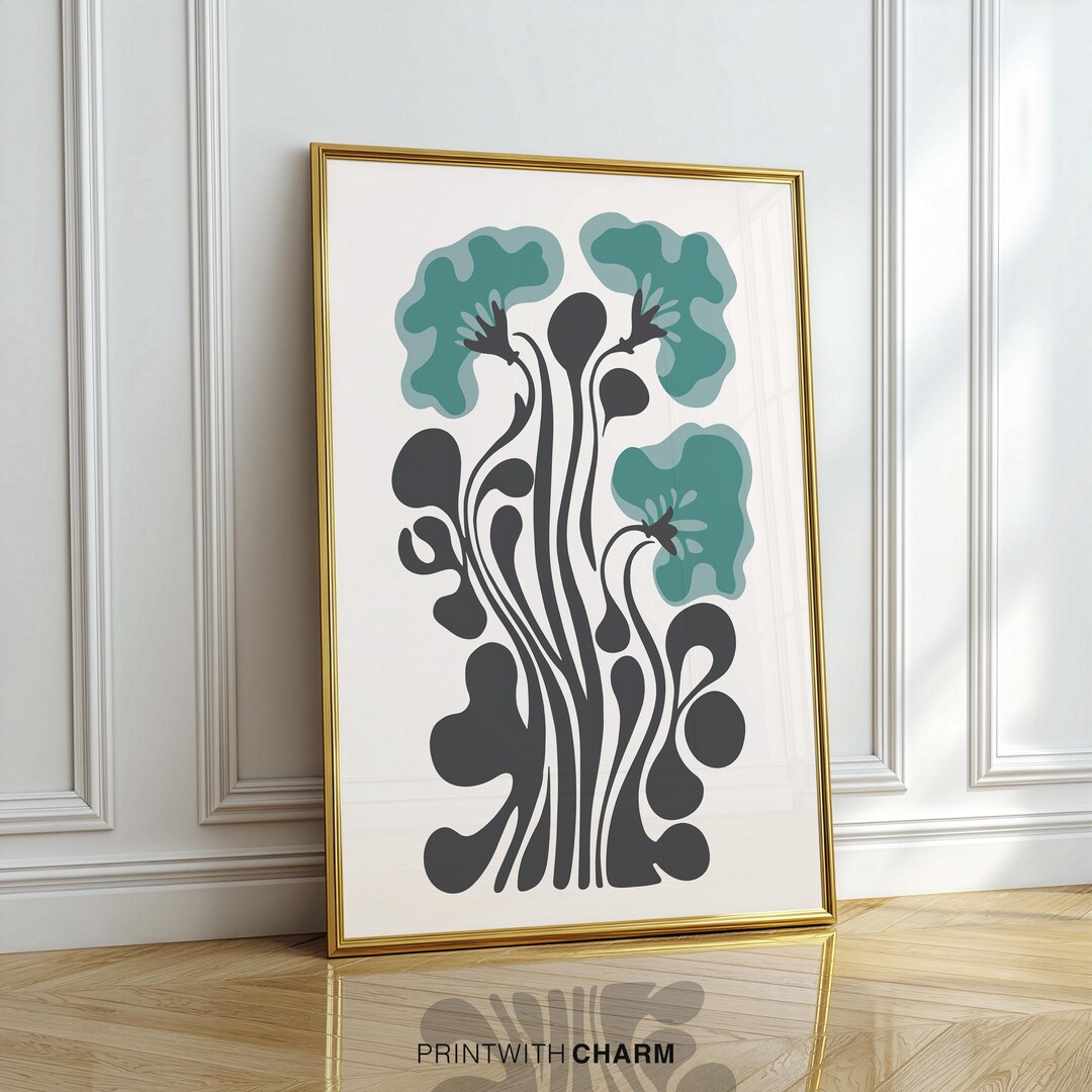 Modern Abstract Teal Flower Print Wall Art Mid Century Botanical ...