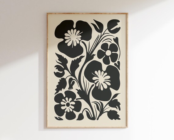 Abstract Flowers, 70s Boho Print, Monochrome Poster, Modern Rustic Decor (Digital Download)