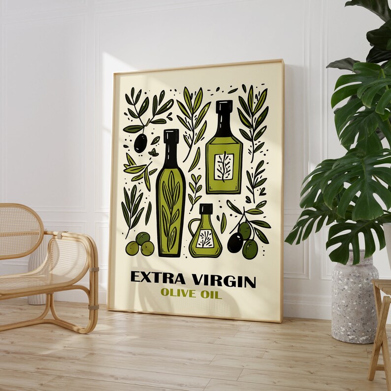 May include: A poster featuring a green, black and white illustration of olive oil bottles and olive branches. The text "EXTRA VIRGIN OLIVE OIL" is at the bottom of the poster.