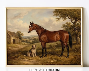 Bay Horse Dog Portrait Painting Printable Art Traditional English Countryside Heritage Decor