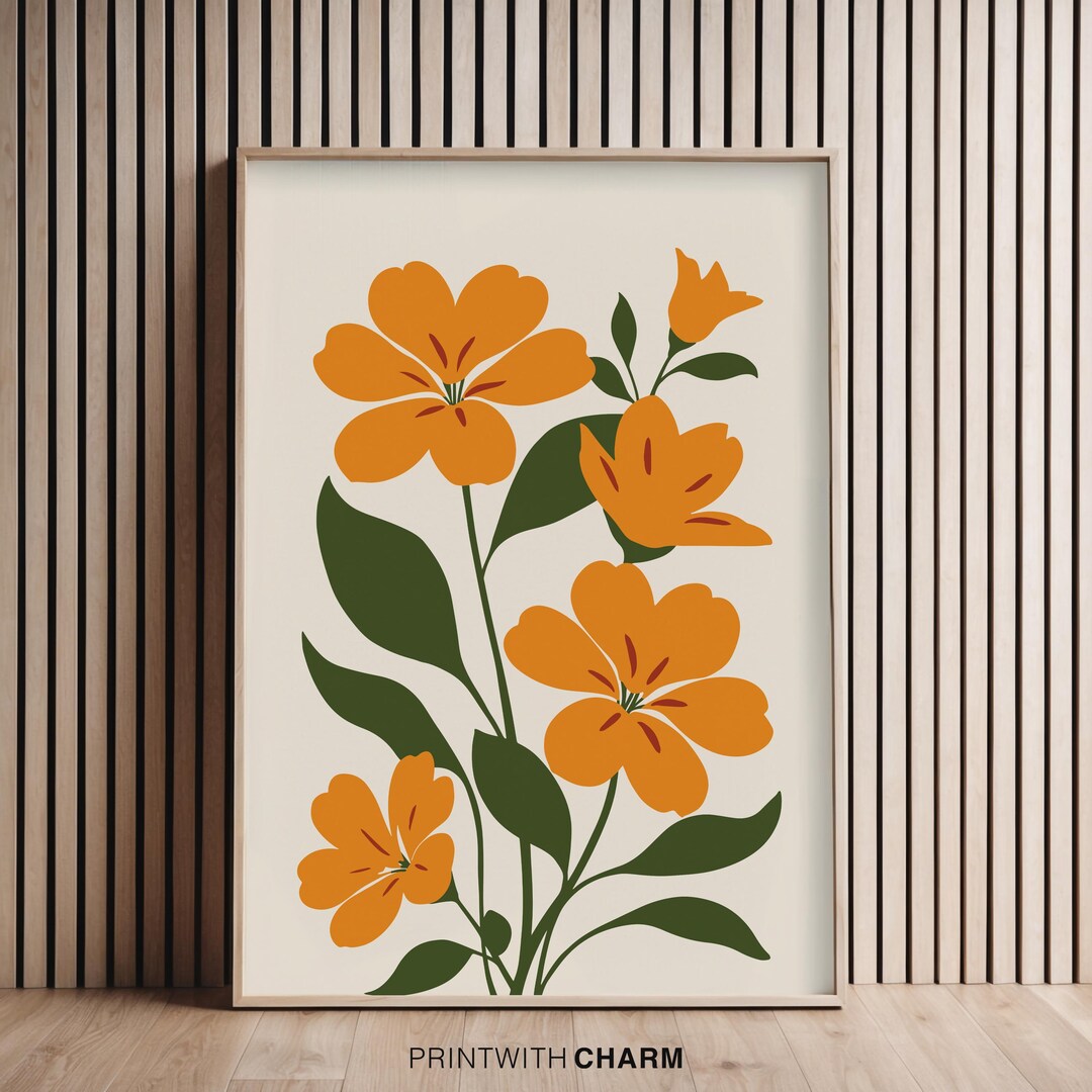 70s Floral Retro Orange Botanical Print Minimalist Abstract Wall