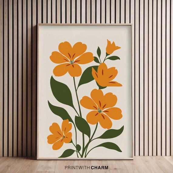 70s Floral Retro Orange Botanical Print, Minimalist Abstract Wall