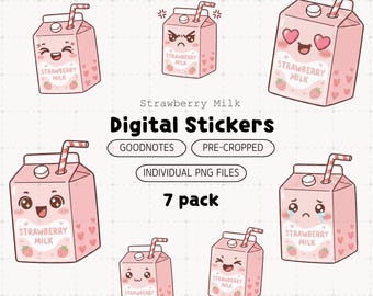 Cute digital stickers | digital planner icons | Goodnotes stickers | Strawberry Milk Sticker pack