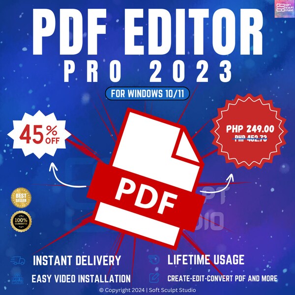 Aplicación PDF Editor Pro 2023 para Windows 10/11 / Mejor editor de PDF / Acceso de por vida / con guía de instalación
