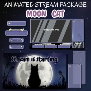 Twitch Overlay - Mond Katze | Animiertes Stream Paket | Lila himmlisches und gemütliches Stream Design | Animierter Alarm | Animierter Stream-Bildschirm