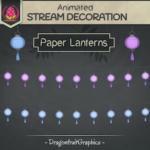 Animierte Papierlaterne Dekorationen | Blau Lila Lichterkette für Twitch und YouTube, Gemütliches Japanisches Overlay