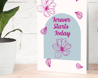 Wedding Card, Forever Starts Today, Cute Wedding Congratulations Card, Floral Greeting Card, Pink Wedding Card, LGBTQIA Wedding, Gay Wedding