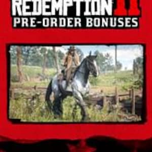 Puede incluir: Un gráfico promocional rectangular para los bonos de reserva de Red Dead Redemption II. La parte superior presenta texto blanco sobre un fondo rojo. Debajo, una imagen enmarcada muestra a una persona montando un caballo gris en un campo.