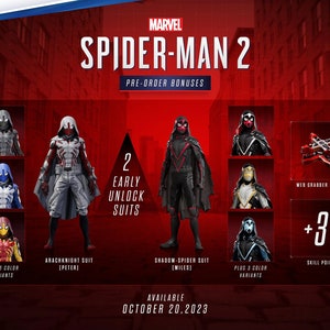 Op de afbeelding: Promotieafbeelding voor Marvel's Spider-Man 2, met pre-order bonussen. De afbeelding toont Spider-Man-pakken, waaronder Arachknight en Shadow-Spider pakken, kleurvarianten, een web grabber gadget en vaardigheidspunten. Beschikbaar vanaf 20 oktober 2023.