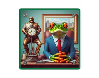 Executive Frog has a Statue of a Man With A Clock in His Stomach