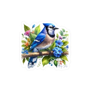 Blue Jay bloemen kiss-cut vinylstickers, natuurstickers, vogeldecor, laptopdecoratie, waterflesstickers, cadeau voor vogelliefhebbers