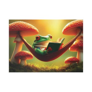 Wunderlicher Frosch, der Kunstpostkarten liest, Naturliebhabergeschenk, Einzigartiges Briefpapier, süsse Kunstkarten, Postkarten im Vintage-Stil