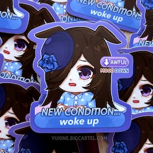 May include: A collection of stickers featuring a cartoon character with brown hair, purple eyes, and a blue hat with a flower. The character is wearing a blue polka-dot shirt. Text includes "NEW CONDITION... woke up" and "AWFUL MOOD DOWN".
